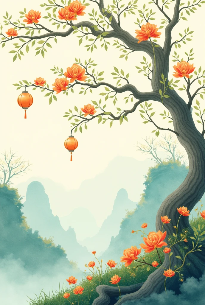 Create an image of an oriental design for a shirt, which has trees with thin branches, green leaves and orange flowers 