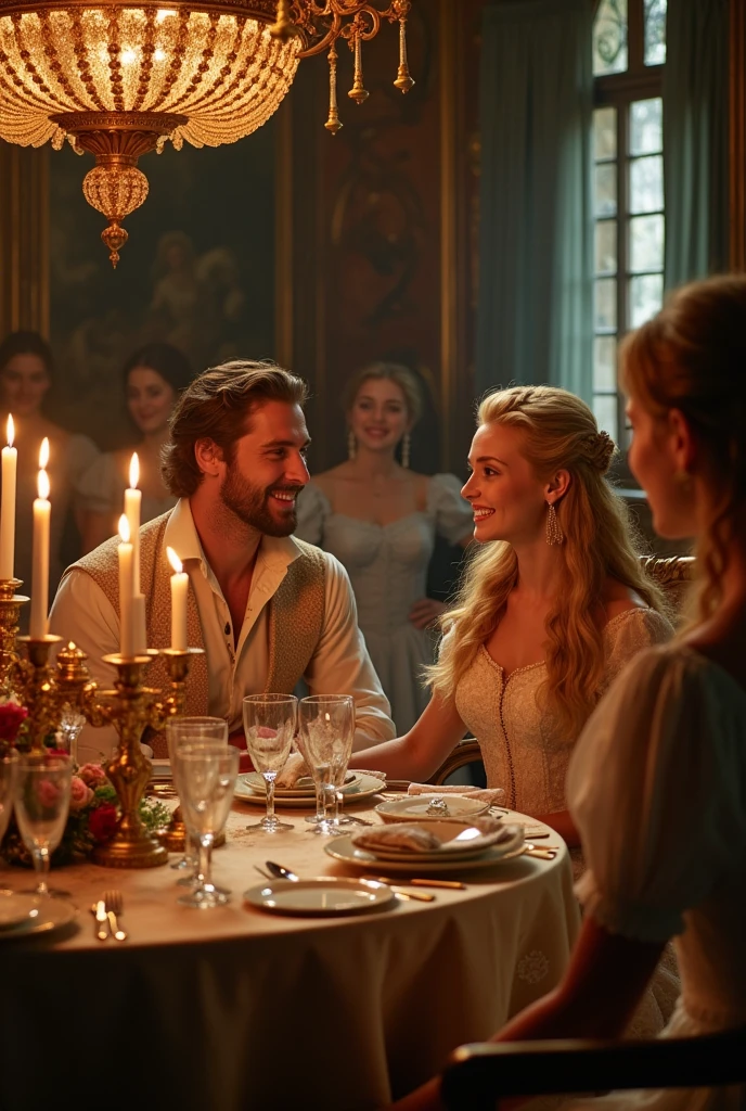 Perfect tall and handsome prince having a luxury dinner with perfect beautiful so long curly blonde hair princess inside vintage luxury castle have slave maid around them to stand by for service