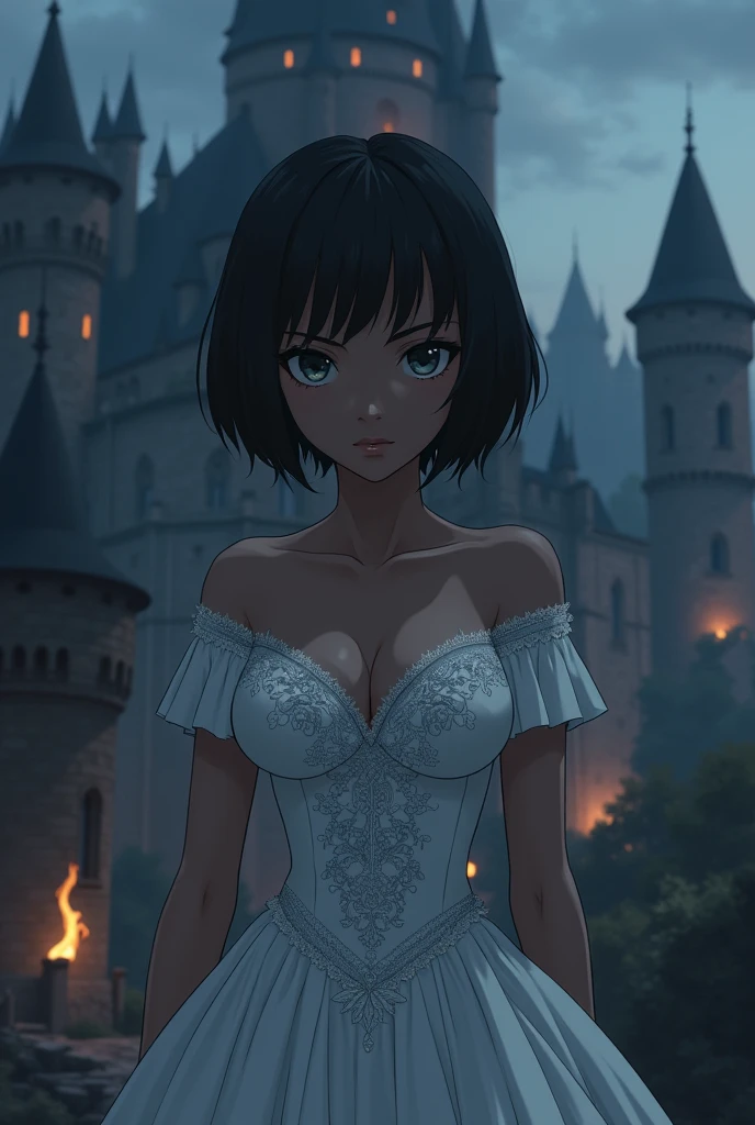 An anime character: Black woman with dark eyes. Her short, black hair. He wears a white wedding dress with a large neckline. Ao fundo, a dark medieval setting with an atmosphere of mystery and intensity.