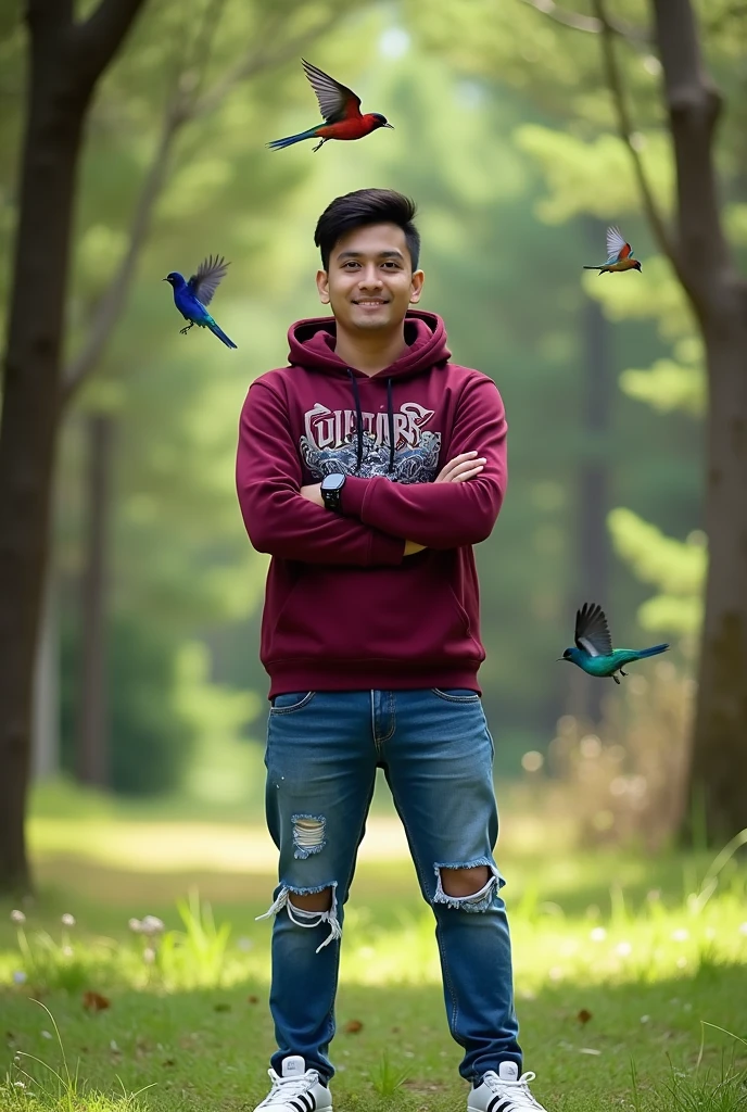 please make a picture of a 28-year-old Asian man.standing with his arms crossed against an outdoor background with a pine forest background.there are small colorful birds flying,The individual is wearing a maroon long-sleeved hoodie with a graphic design, wearing an iPhone smartwatch in his left hand, wearing blue ripped jeans, and wearing white sneakers with black stripes.