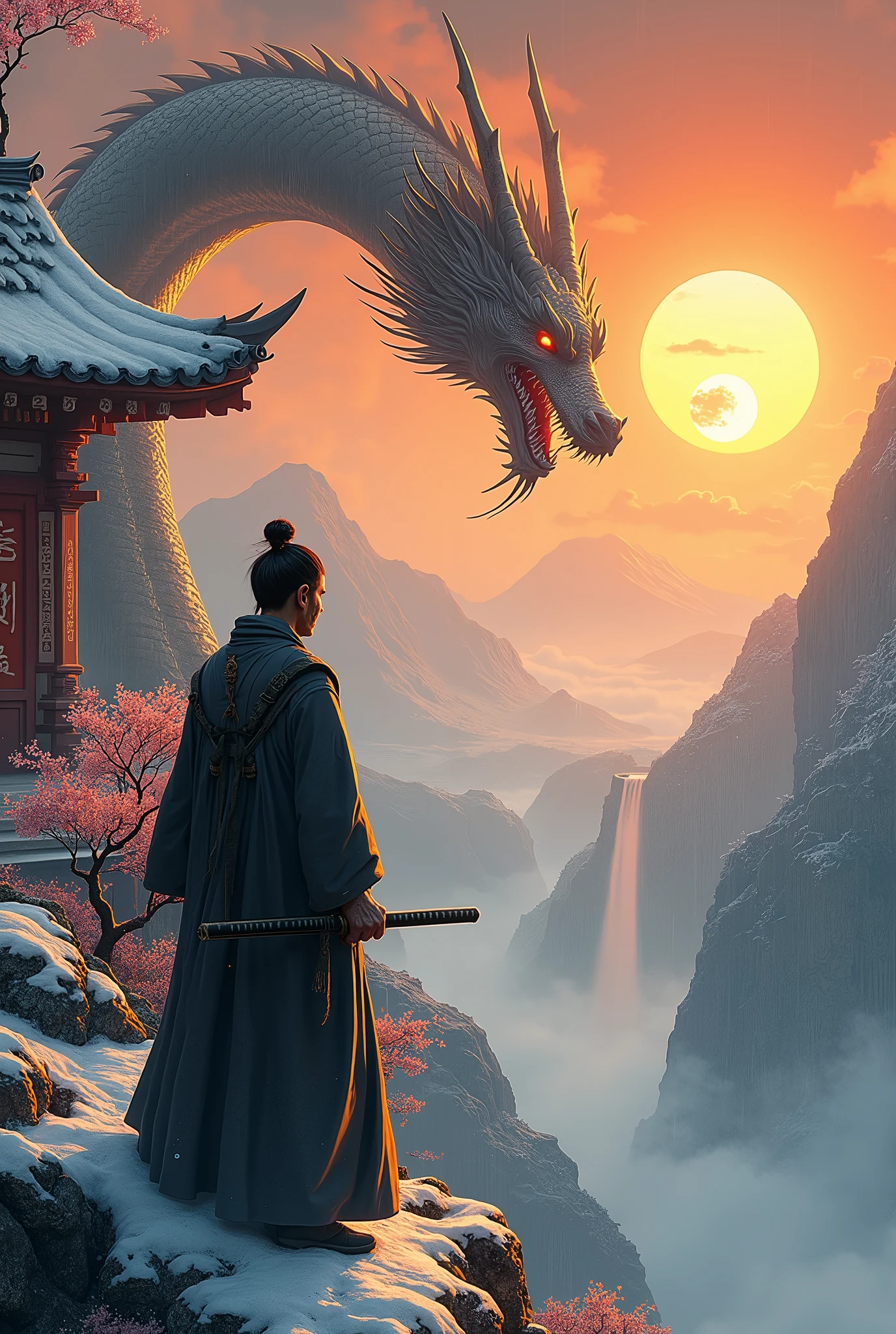 A lone ronin, with deep scars marking his face and an oni mask covering the lower half, watch the sunrise in an ancient Zen temple, located on the summit of a snowy mountain surrounded by a light mist. In a Dutch plan, an imposing ryū, with shimmering golden scales and piercing eyes like obsidian, hangs over him, letting out a mighty roar that echoes throughout the mountain, as a ray of heavenly light pierces a ying-yang symbol tattooed on his chest. a phoenix, with scarlet and golden yellow fire feathers, lands on your shoulder, watching the horizon with curiosity. The camera is positioned to emphasize the height of the temple and the imposing nature of the dragon.. The temple walls are covered in ancient symbols that glow with a soft light, including kanji that represent the word "eternity". The atmosphere is serene and spiritual, with pink cherry blossom petals dancing in the wind, a few drops of rain running down the samurai's katana and a small waterfall flowing at the foot of the mountain. Ao fundo, an active volcano exhales black smoke against an orange sky, and a partial eclipse reveals a luminous halo around the sun. Paint in Japanese ukiyo-e style, with delicate features and vibrant red colors, blue and gold, with hints of pastel pink for the cherry petals and shades of gray for the mist. Use dramatic lighting to emphasize the moment of action, with deep shadows and striking contrasts. O ronin, feeling the dragon energy, draws his katana with a quick movement, the blade shining with a mystical light. The ryū radiates ancient wisdom and the phoenix, hope reborn.