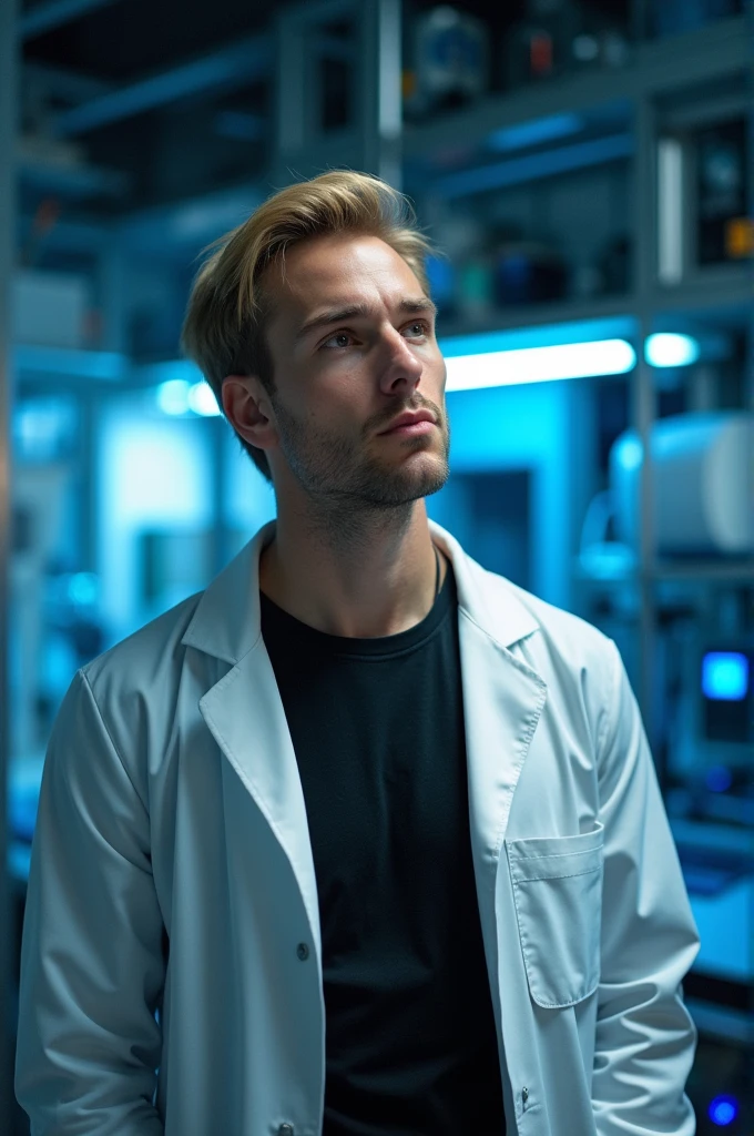Blonde haired man with black, skinny, Brown eyes, scientist's coat and black shirt, serious.