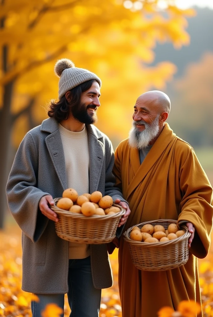Jesus Christ and Buddha harvesting sweet potatoes. they are shining. They happily smile and laugh. Jesus is wearing a gray coat over an off-white knit top, jeans, and a knit hat. Jesus of Nazareth is depicted as a gentle, gentle man with shoulder-length hair. His wavy brown hair cascades over his shoulders. His face conveys deep wisdom and empathy, radiating warmth and understanding. The other man is a Japanese man whose short nose and slit eyes convey deep wisdom and empathy, exuding warmth and understanding. Sweet potatoes are harvested in baskets. There is a yellow ginkgo tree nearby. Japanese Autumn Photography, Highly Detailed, Trending at Art Station, Sharp Focus, Studio Shot, Intricate Details, Greg Rutkowski,