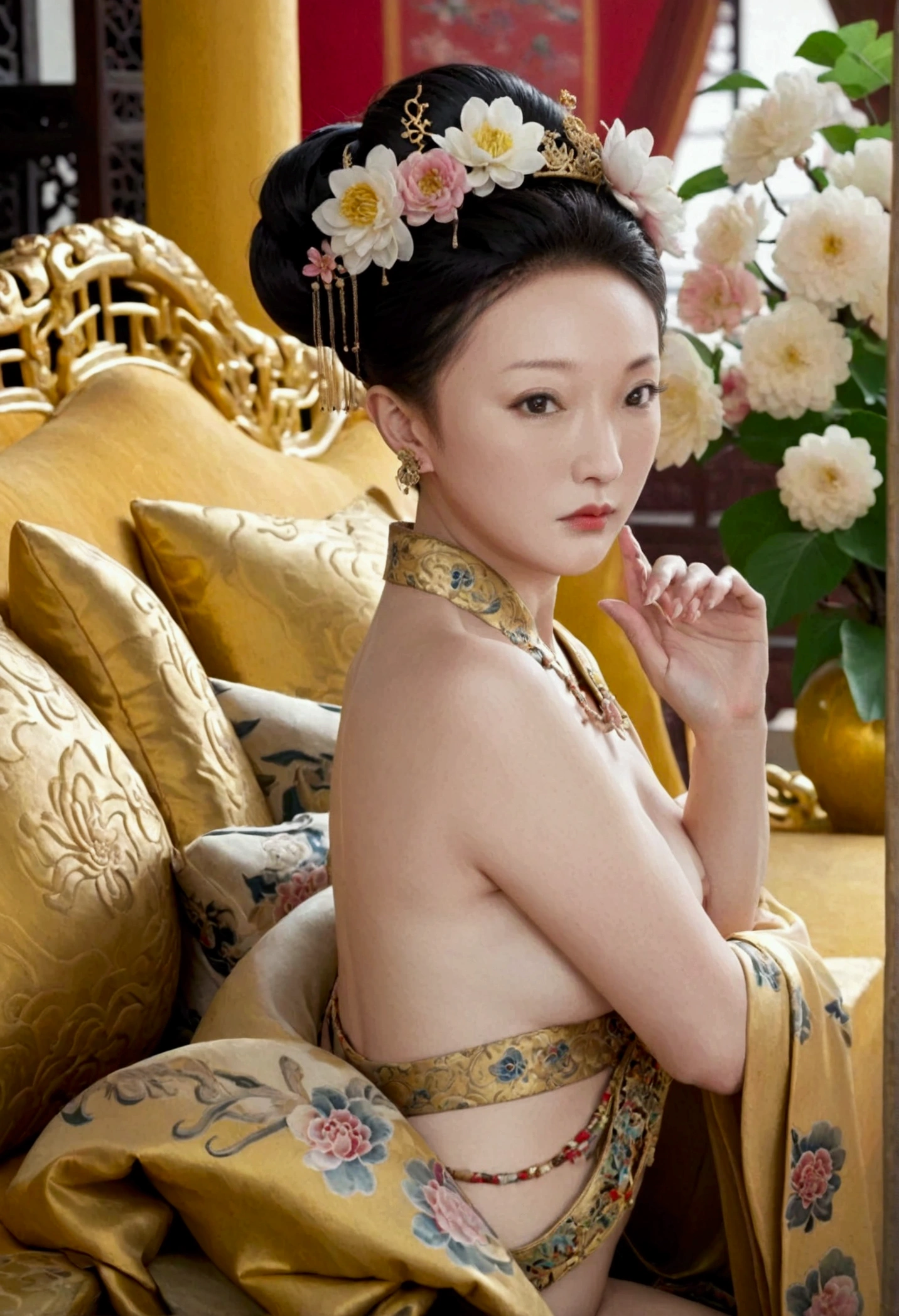 A nude statue of a woman from the Qing Dynasty. She is seated naked on a large golden sofa, Look straight ahead. Her breasts are big, Her hair is tightly bound, She is adorned with hairpins and flowers. The background and location are of a Chinese Empress. The story is set in the opulent rooms of the empress's palace in China during the Qing Dynasty.。.