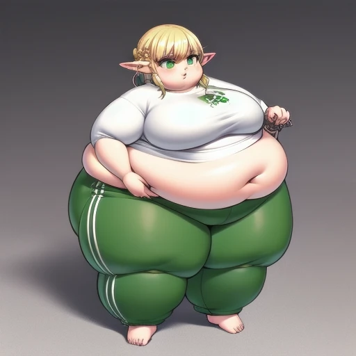 4K, high quality, Pixel, 1 solo girl, detailed eyes, obese erufuda, short hair, pointy ears, blonde hair, (green eyes:1.5), perfect body, white shirt, green pants, barefoot, braid, big butt, big breasts, cute, thick thighs, squeezing the belly