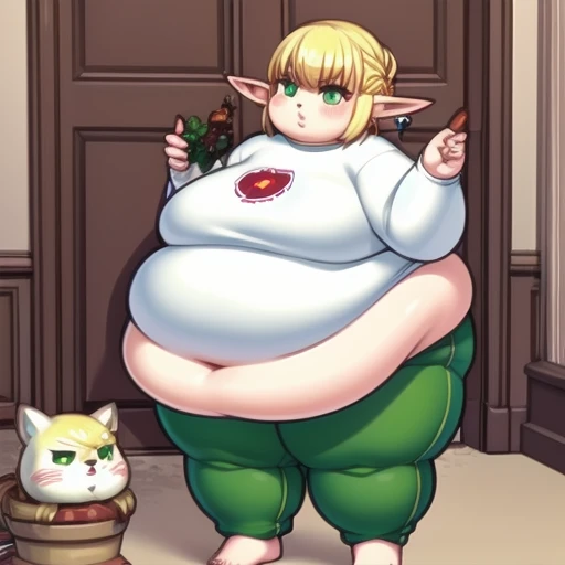 4K, high quality, Pixel, 1 solo girl, detailed eyes, obese erufuda, short hair, pointy ears, blonde hair, (green eyes:1.5), perfect body, white shirt, green pants, barefoot, braid, big butt, big breasts, cute, thick thighs, squeezing the belly