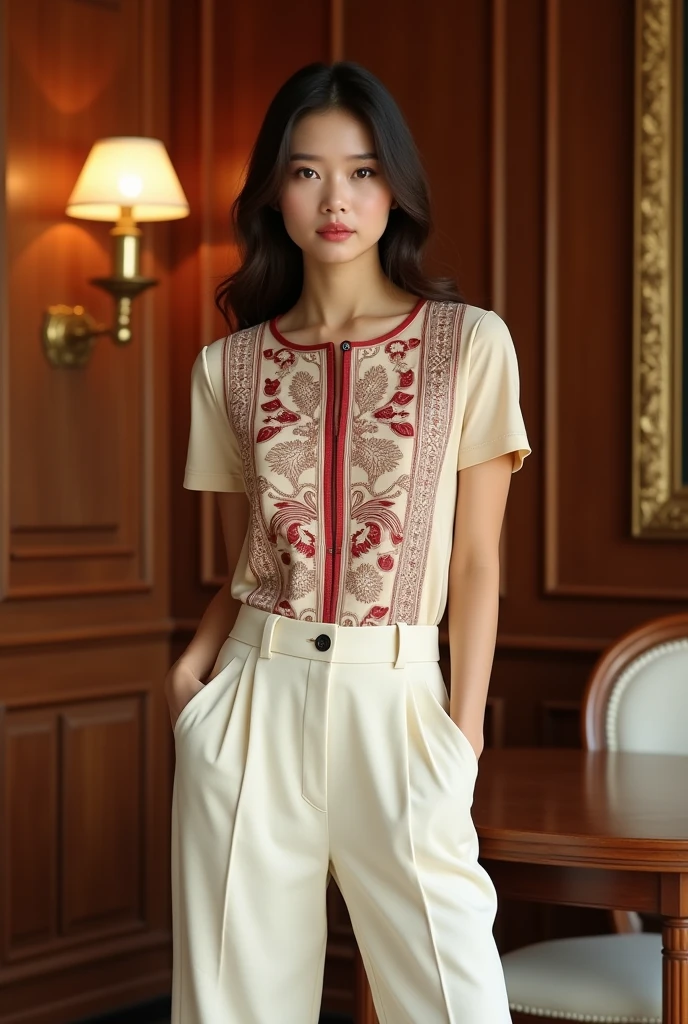 female model. modern style. wearing a light beige short-sleeved round-neck t-shirt with Vietnamese ethnic Hmong brocade patterns, red, white, beige body. 2cm red collar. plain beige sleeves with 2cm red sleeve border. plain cream A-line pants, side pockets. setting in a luxurious wooden interior room. cream walls. table, chair, lamp