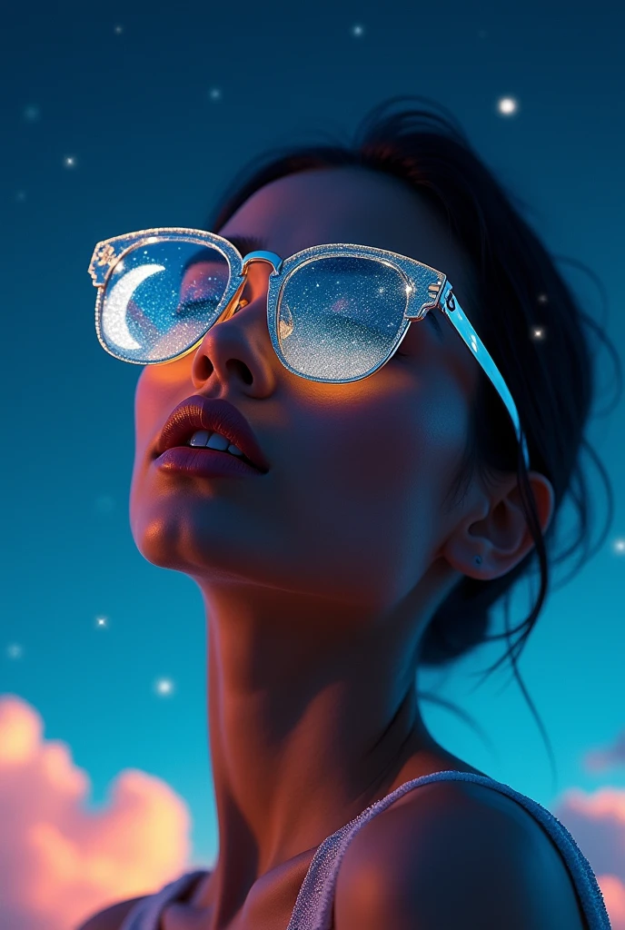 The model is wearing glass sunglasses with stars and the moon on the glass