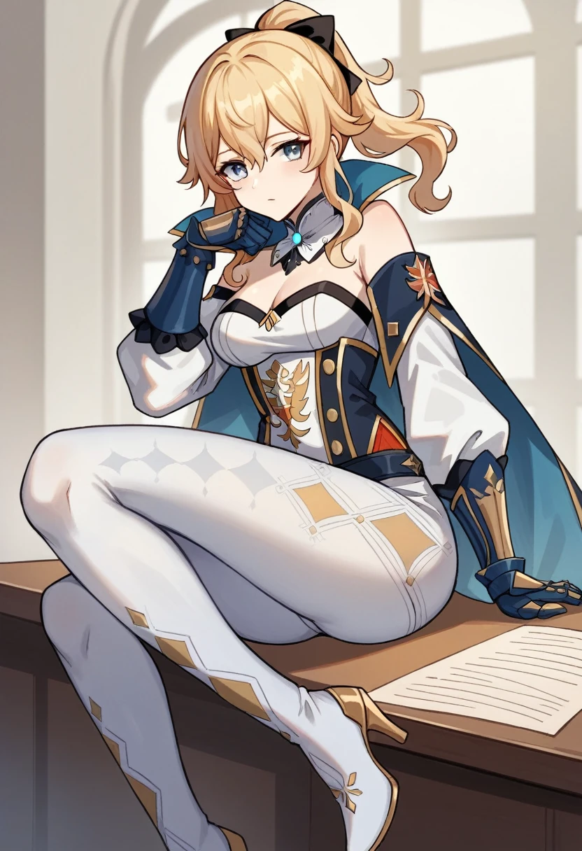 1 girl, Jean Gunnhildr, Genshin impact, strapless shirt, long blue tailcoa, pair of separate white sleeves, short blue and gold cloak attached to a white collar, white tights embroidered with a gold diamond-dot pattern, a pair of white high-heeled knee-high boots,a pair of blue gauntlets. Her shirt is white with red sections and black and gold trim, and there is a golden Knights of Favonius crest on the front, sitting behind a desk, holding her head with both hands