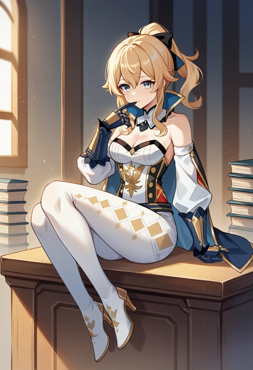 1 girl, Jean Gunnhildr, Genshin impact, strapless shirt, long blue tailcoa, pair of separate white sleeves, short blue and gold cloak attached to a white collar, white tights embroidered with a gold diamond-dot pattern, a pair of white high-heeled knee-high boots,a pair of blue gauntlets. Her shirt is white with red sections and black and gold trim, and there is a golden Knights of Favonius crest on the front, sitting behind a desk, holding her head with both hands
