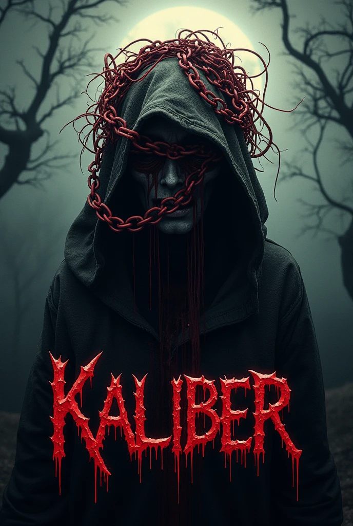 Blood chain going around a head and the word kaliber below it