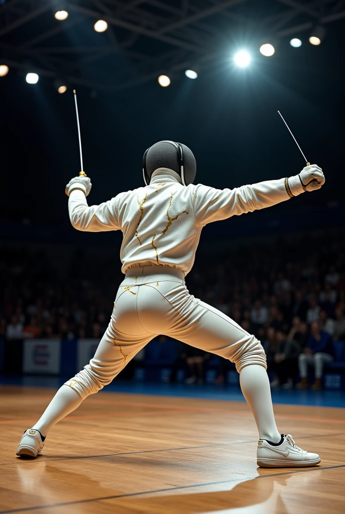 Create a fencer athlete in attack action that looks like marble with gold cracks