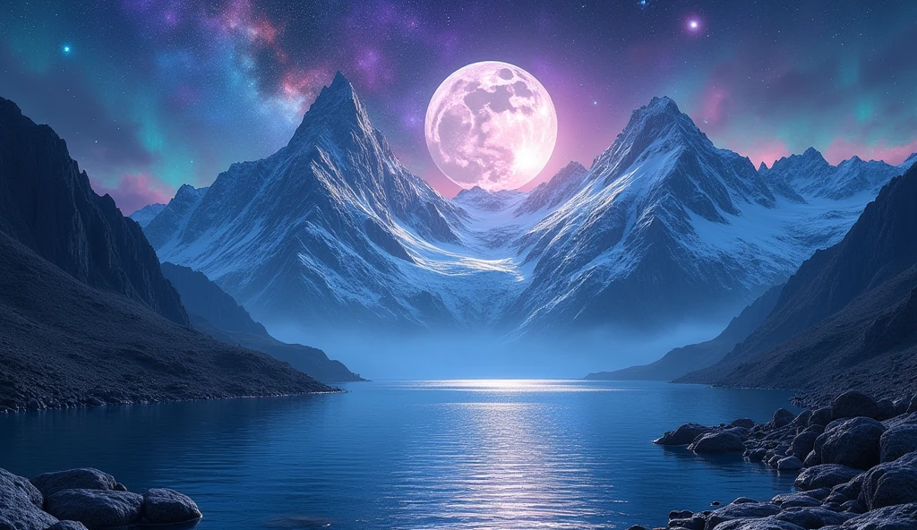 mountains and a lake with a moon in the sky, 4k highly detailed digital art, 4 k hd wallpaper very detailed, impressive fantasy landscape, sci-fi fantasy desktop wallpaper, unreal engine 4k wallpaper, 4k detailed digital art, sci-fi fantasy wallpaper, epic dreamlike fantasy landscape, 4k hd matte digital painting, 8k stunning artwork  