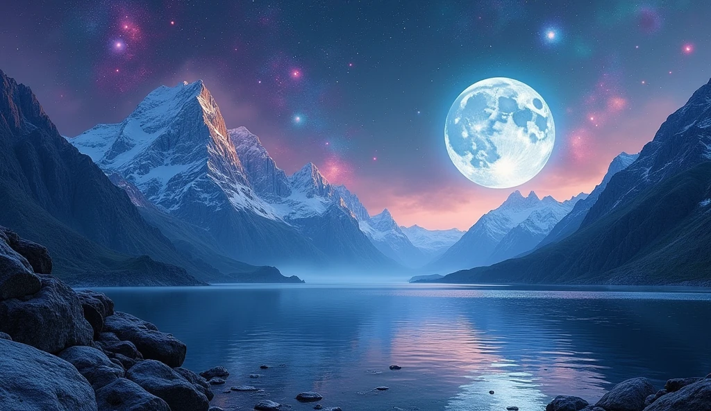 mountains and a lake with a moon in the sky, 4k highly detailed digital art, 4 k hd wallpaper very detailed, impressive fantasy landscape, sci-fi fantasy desktop wallpaper, unreal engine 4k wallpaper, 4k detailed digital art, sci-fi fantasy wallpaper, epic dreamlike fantasy landscape, 4k hd matte digital painting, 8k stunning artwork