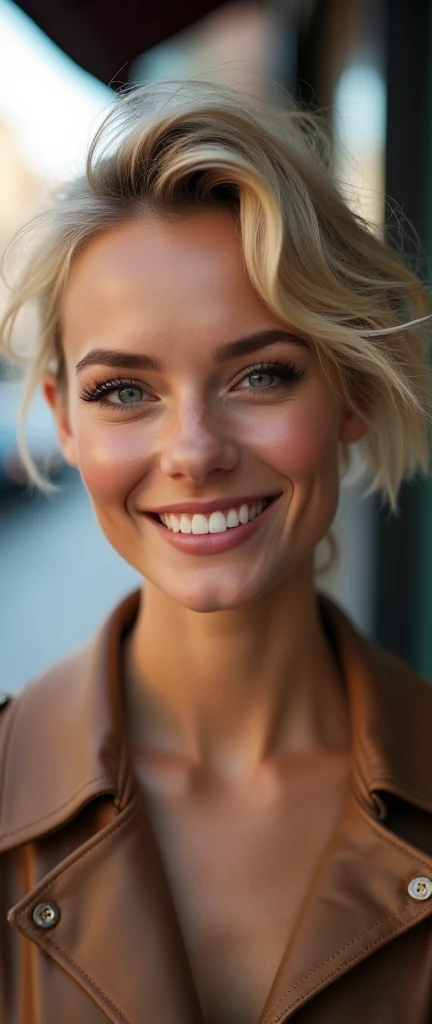 21 year old Scandinavian glamour model, detailed eyes, eyelashes, forehead, short hair, blonde hair, looking at viewer, smile
