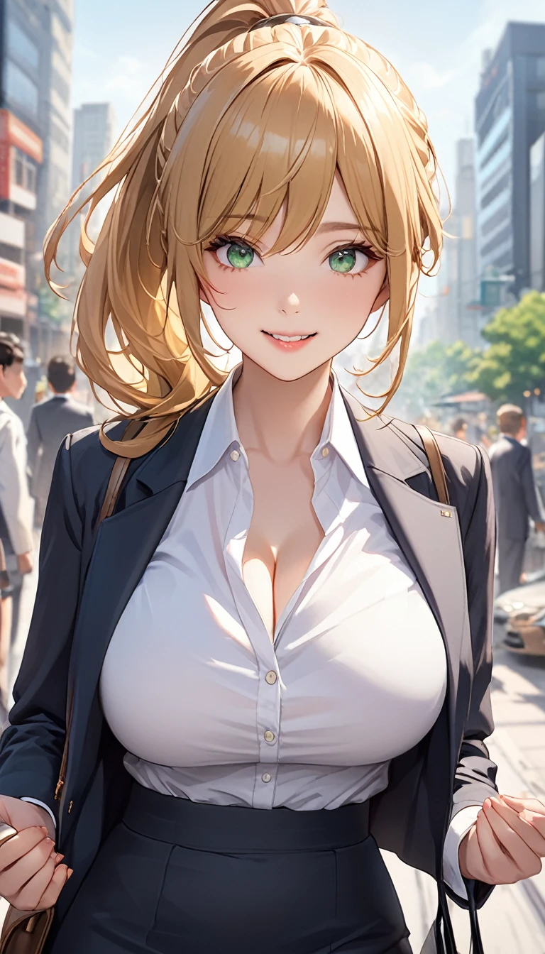 office lady, skirt, noon、Outdoor、upper body, Big Breasts、Beautiful Eyes、blonde hair, Green Eyes、ponytail、Natural smile, Highest quality、Best image quality、masterpiece、one person&#39;s、26 years old、Natural light、Shallow depth of field、looking Watches, Watches, In the office district、skyscraper、Lens flare