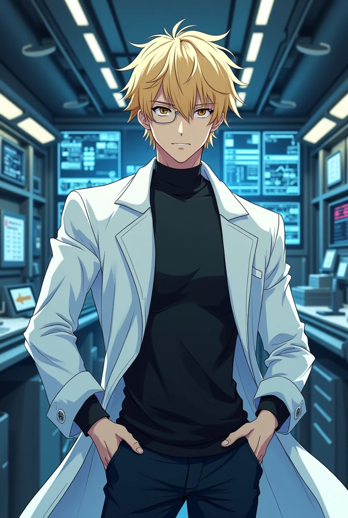 Blonde hair anime man with black, skinny, Brown eyes, scientist's coat and black shirt, serious.