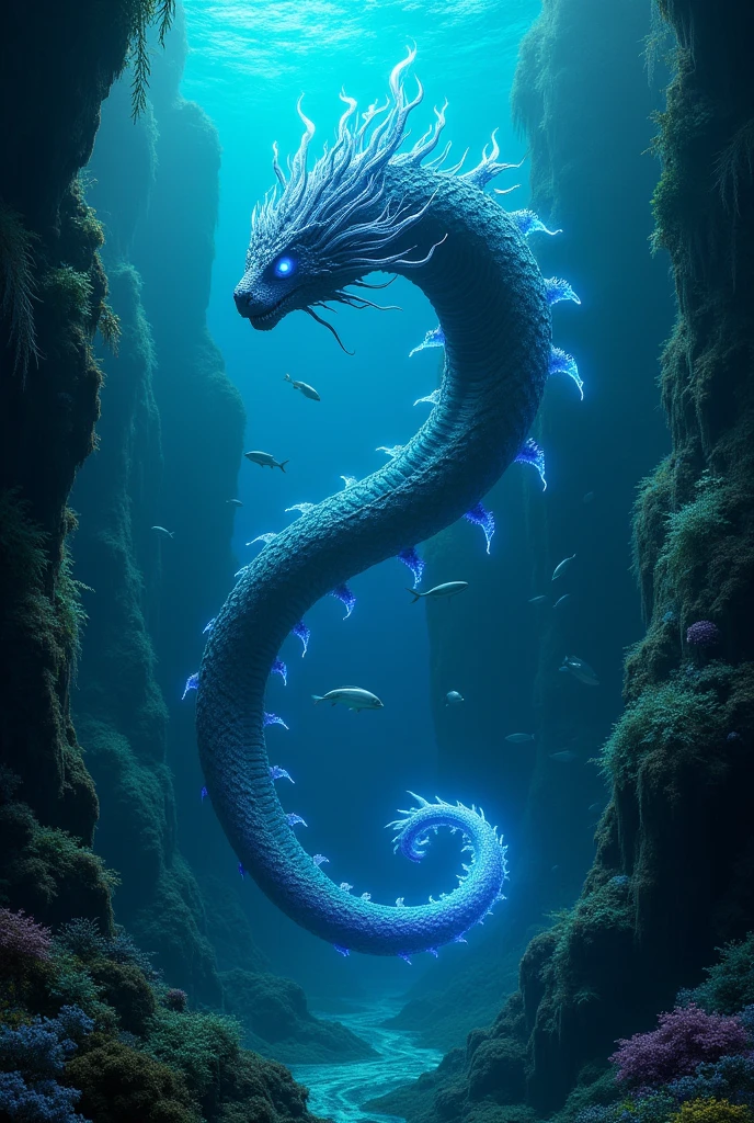 Create a Leviathan from the game Subnautica that resembles a serpent with blue flames
