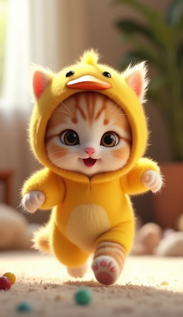3D cute baby kitten character、wearing a happy duck mascot costume、running、Inside the house､masterpiece, Background blur, 