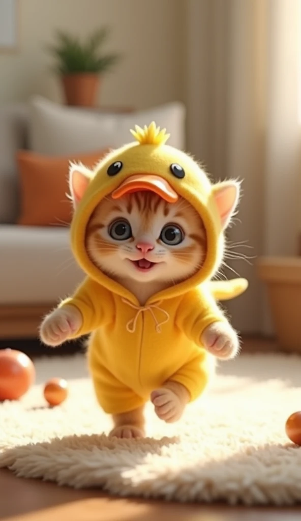 3D cute  kitten character、wearing a happy duck mascot costume、running、Inside the house､masterpiece, Background blur, 