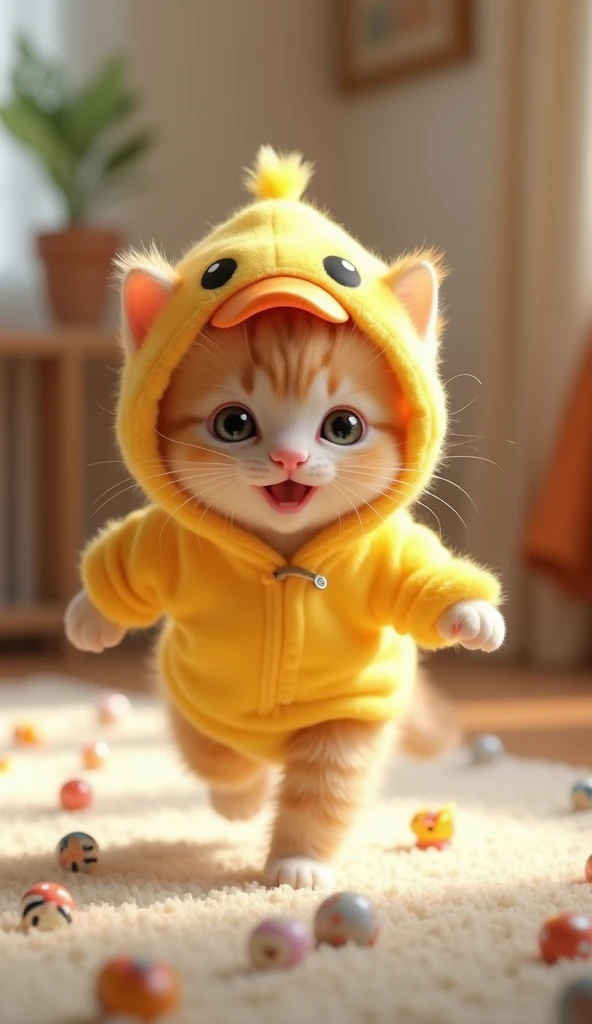 3D cute baby kitten character、wearing a happy duck mascot costume、running、Inside the house、masterpiece, Background blur,