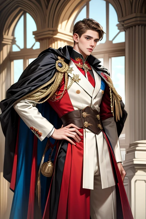 masterpiece, 最high quality, high quality, 1 boy, alone, Male focus, Watching the audience, Messy brown hair, Adorable big blue eyes, White, Noble, Noble, Beautiful tailcoat、A very voluminous, large, very large, very large, long, long red and black cape with a high stand-up collar, made of a lot of fabric that reaches down to the floor., ,Cute beautiful boys,Cute, cute, kind, handsome guy
