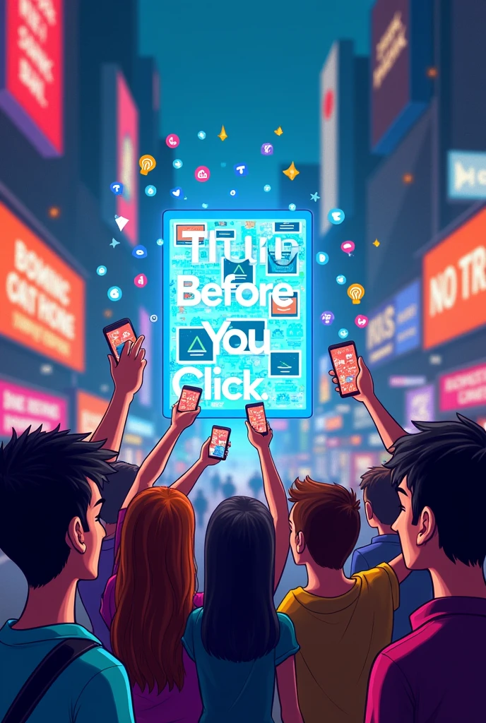 Poster about think before you click in social media