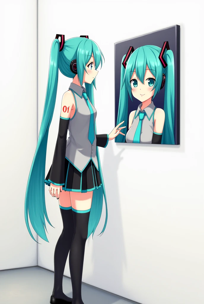 Anime art, anime style, detailed drawing, white background, high definition, high quality, one girl, solo, Miku Hatsune, aqua hair, twintails, headphones, 01 (red number tattoo on the left hand), grey shirt, collared shirt, sleveless shirt, black sleeves (aqua line), detached sleeves, five fingers, aqua nails, aqua necktie, black skirt (aqua line), pleated skirt, mini skirt, zettai ryouiki, thigh boots, black thigh-high (aqua line)
Miku Hatsune walking in art gallery; she looks at the wall; there's a painting of her on the wall