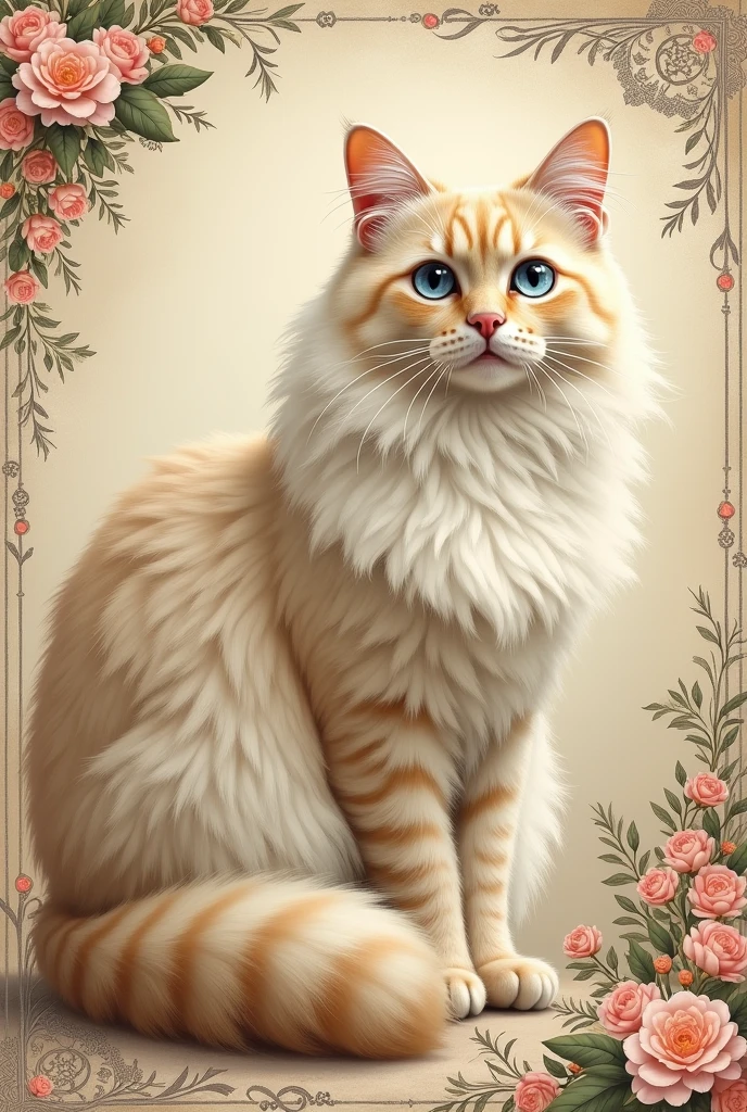 It produces a female Maine Coon cat with fluffy and soft fur. The color of her fur will be pale blonde and she will have a fluffy tail. And her eyes are icy blue. Hand drawn in elegant vintage style.