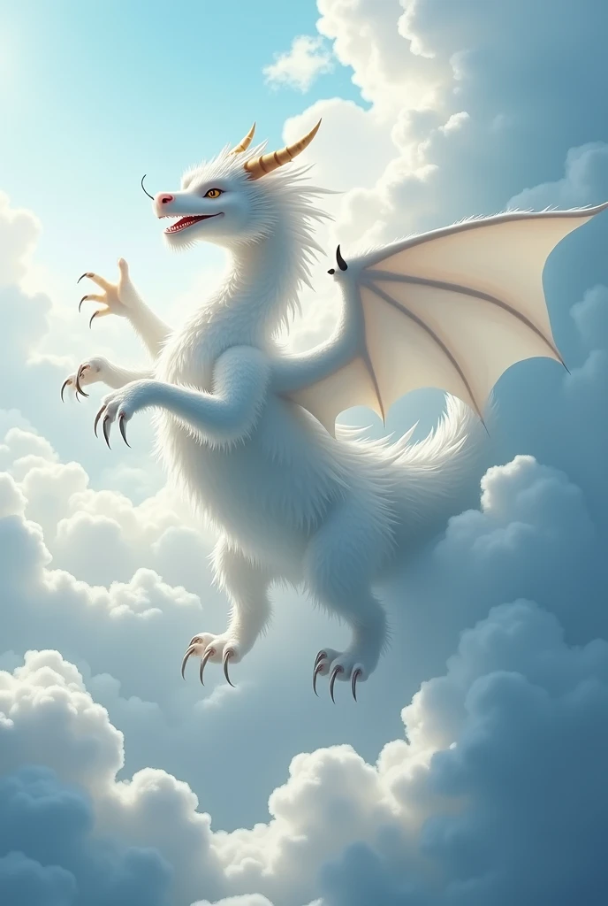 masterpiece, Highest quality,Japan Dragon God、white dragon、smiling gently、With fluffy fur。An image of ascending to the heavens。The background is a sea of clouds。Wings are absent、There are hands