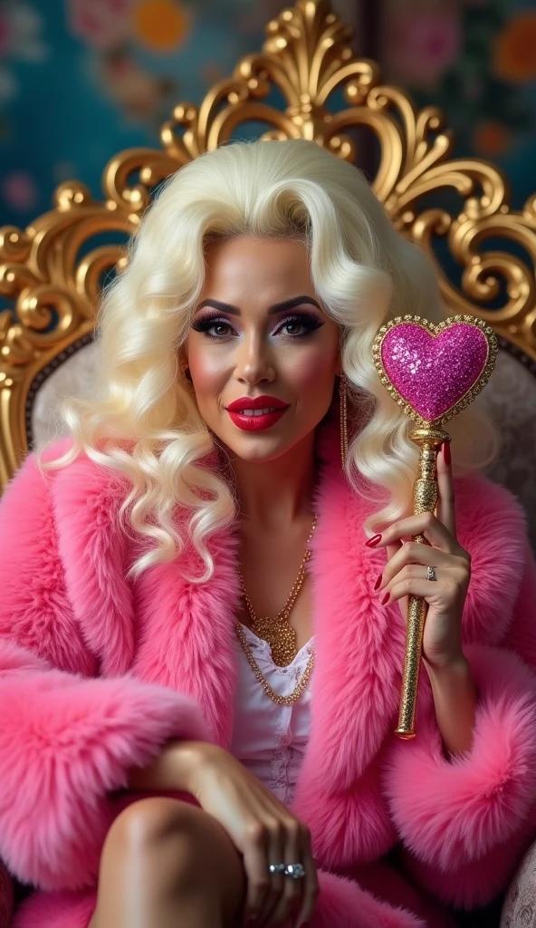 drag queen, sissy queen in her 40s, tanned skin, thick lips and thick eyelashes, red lipstick, full make up, wearing a pink fur coat, brandishing a pink and gold wand like a fairy godmother, with a heart decoration at the end of the wand, she wears a blonde wig, she sits in the queen's chair, and wearing a crown. His face looked sad, with tears under his eyes. queen altar background, bokeh, vibrant colors, HDR, UHD, 8K