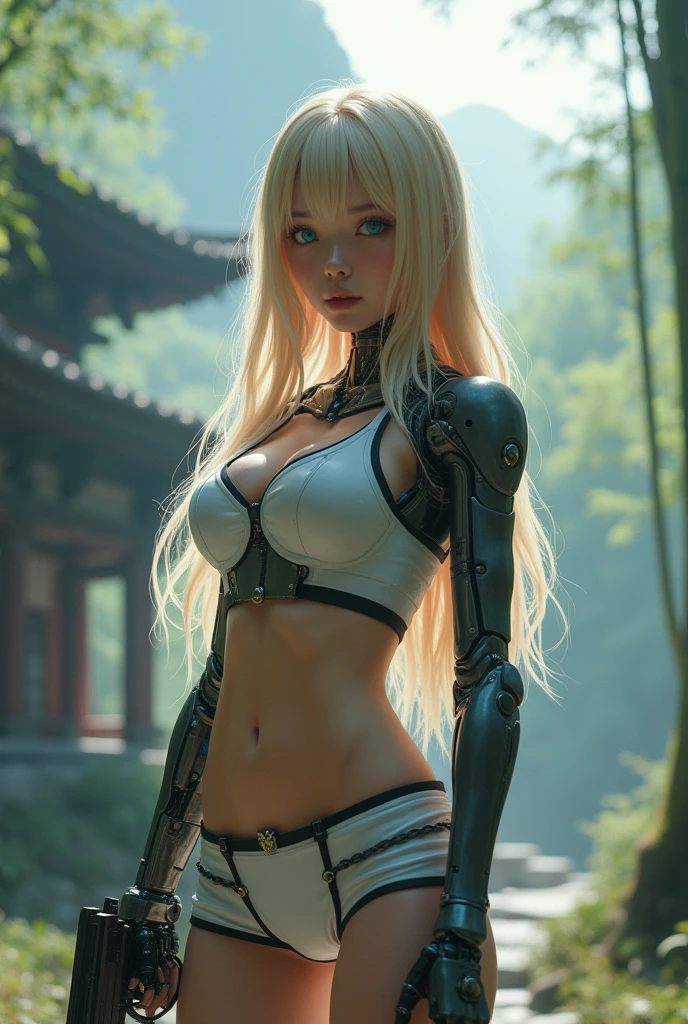 (RAW photo), extremely detailed, a pretty woman, (((japanese idol))), (((Beautiful girl))), (((Super Beauty))), (((cool beauty))), longhair, mini skirt, garter belt, short sleeve, blonde hair, blue eyes, big sister, cyberpunk, early morning, Morning mist, Abandoned mountain temple, bamboo forest:1.5, cyborg, (Her left arm is mechanized., Robot left hand, A living human except for the left hand):1.6, hold a gun in your right hand, (photorealistic:1.4), masterpiece, best quality