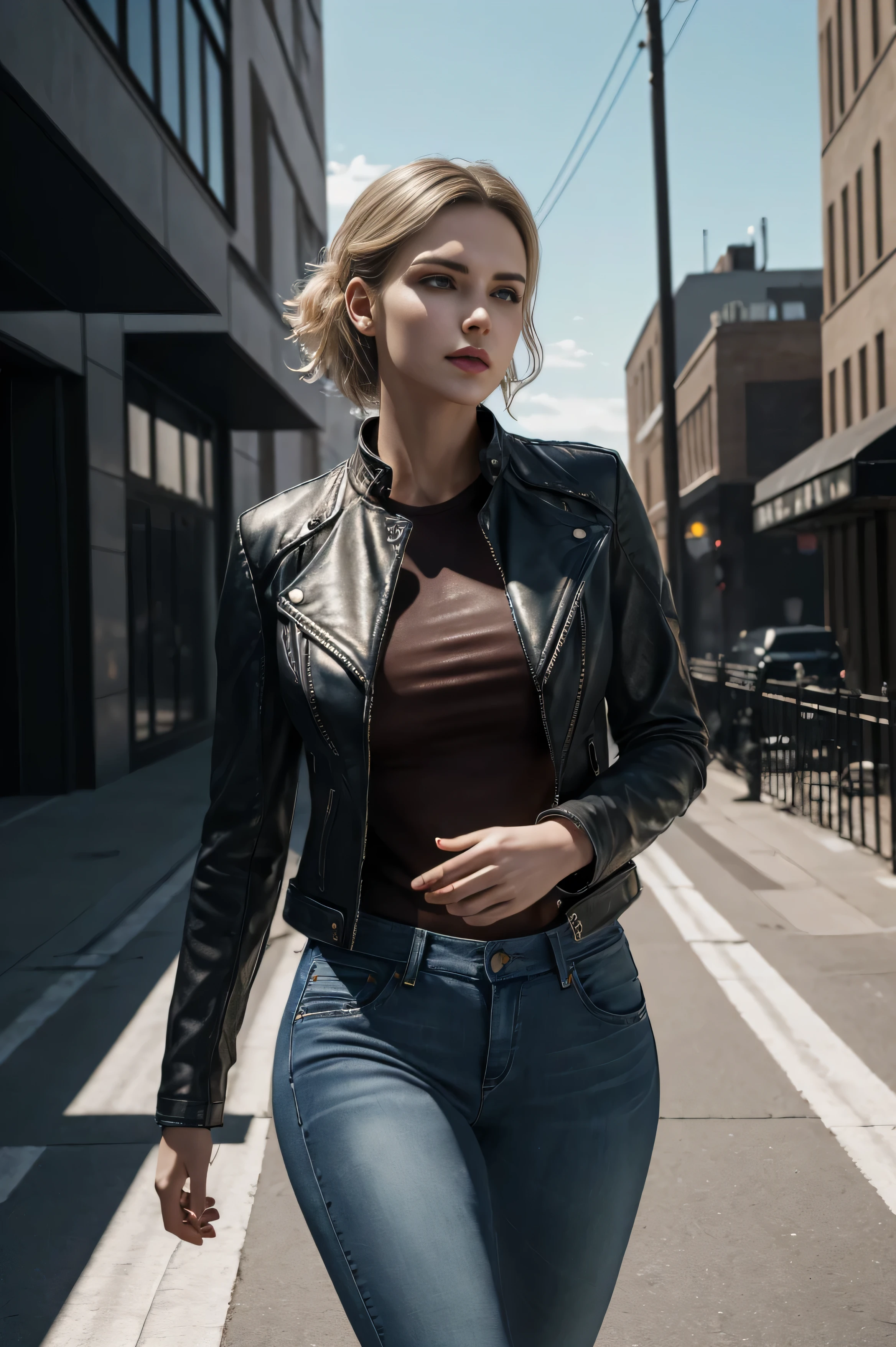 design, interrior, interriordesign Masterpiece, best quality, (highly detailed raw photo:1.2), 8k render in octane, volumetric lighting, volumetric shadows portrait of a woman, (pasionate look), jeans, leather jacket, pullover, walking in city