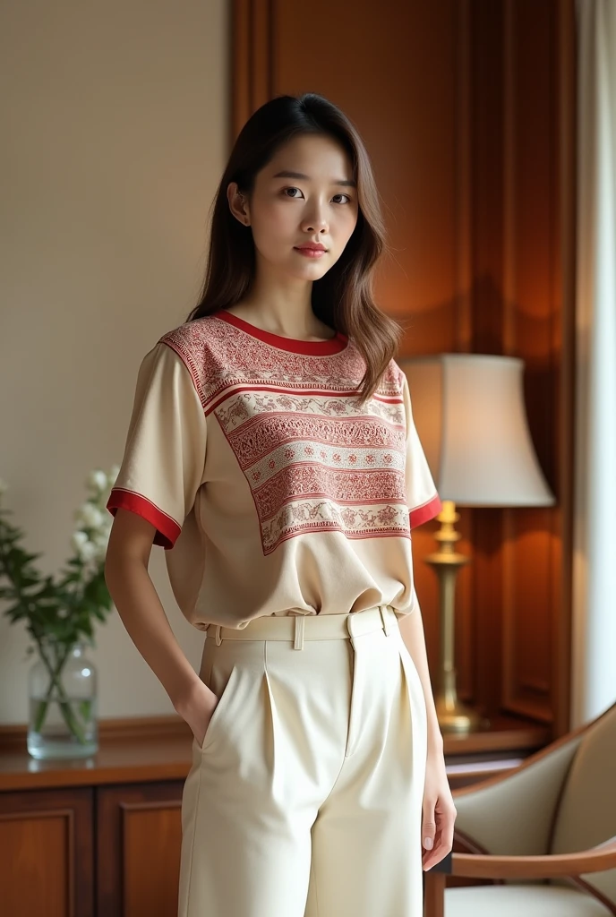 female model. modern style. wearing a light beige short-sleeved round-neck t-shirt with Vietnamese ethnic Hmong brocade patterns, red, white, beige body. 2cm red collar. plain beige sleeves with 2cm red sleeve border. plain cream A-line pants, side pockets. setting in a luxurious wooden interior room. cream walls. table, chair, lamp