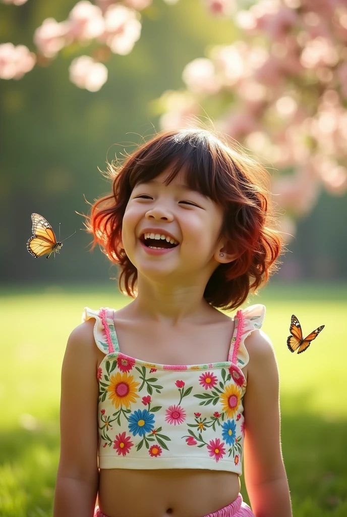 young girl with short brown hair with reddish tips and some wavy strands wearing a top with