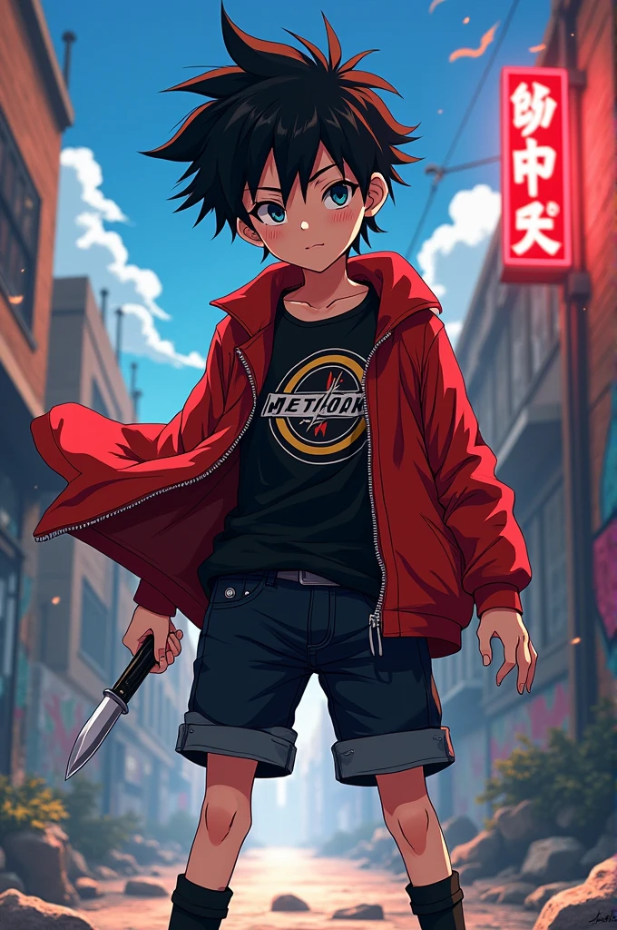Anime boy with black hair, pale skin, around 10 or 11 years old. He's wearing a black shirt with a metal rock logo design, a red jacket, black jeans shorts that reach his knees, socks of one black and one white color, and a knife in his hand.