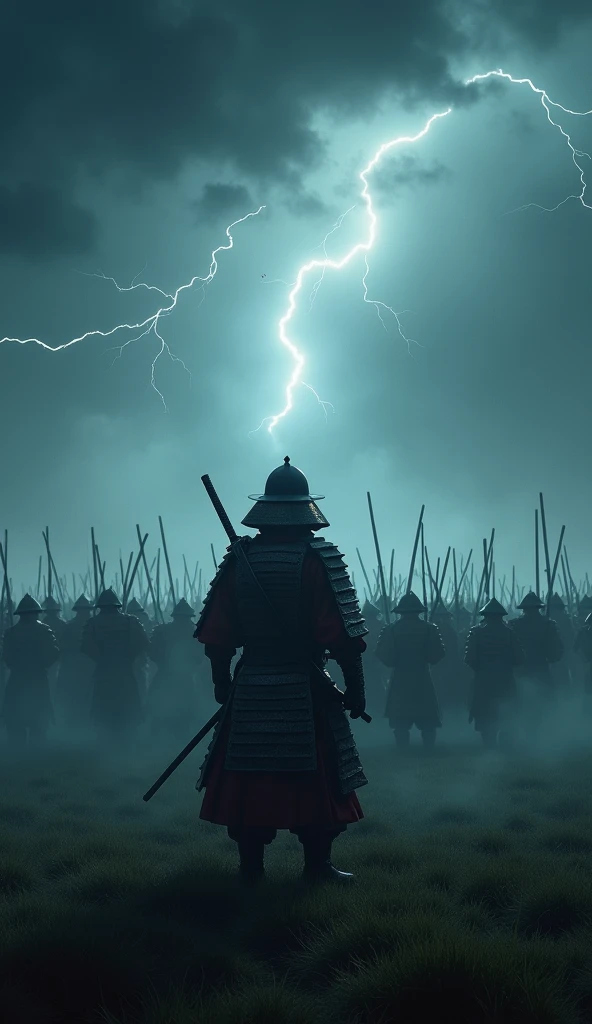 1 samurai against an army of samurais, battle stance, cinematic, back shot, 8k, grassland, dark sky, thunder, fog of war