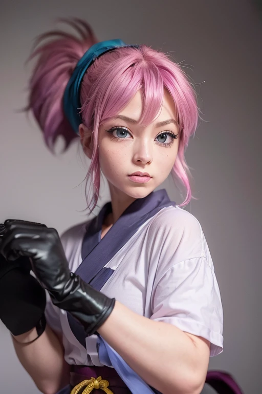 RAW Photos, (((A portrait of extreme beauty))), blue eyes, Large Breasts, sash, Bike Shorts, Short sleeve, bangs, Black gloves, Fingerless gloves, Long Hair, Pink Hair, ponytail, kimono, kimono, big socks, pink socks, looking at viewer,