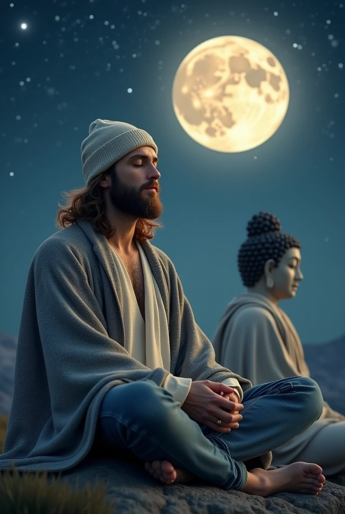 Jesus Christ and Buddha praying on a full moon night. they are shining. They meditate with their eyes closed. Jesus is wearing a gray coat over an off-white knit top, jeans, and a knit hat. Jesus of Nazareth is depicted as a gentle, gentle man with shoulder-length hair. His wavy brown hair cascades over his shoulders. His face conveys deep wisdom and empathy, radiating warmth and understanding. The other man is a Japanese man whose short nose and slit eyes convey deep wisdom and empathy, exuding warmth and understanding. night sky. Orion, constellation. illuminated by the light of the full moon. Japanese Autumn Photography, Highly Detailed, Trending at Art Station, Sharp Focus, Studio Shot, Intricate Details, Greg Rutkowski,