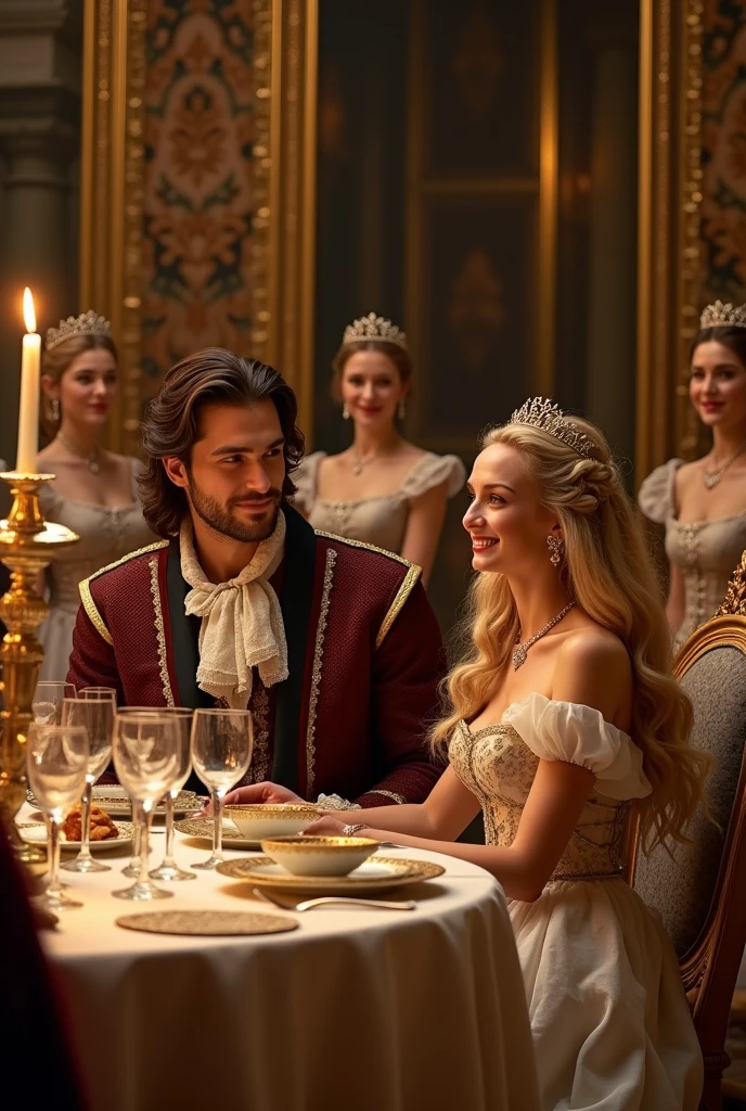 Perfect tall and handsome prince having a luxury dinner with perfect beautiful so long curly blonde hair princess inside vintage luxury castle luxury special table date have slave maid stand behind around them to stand by for service