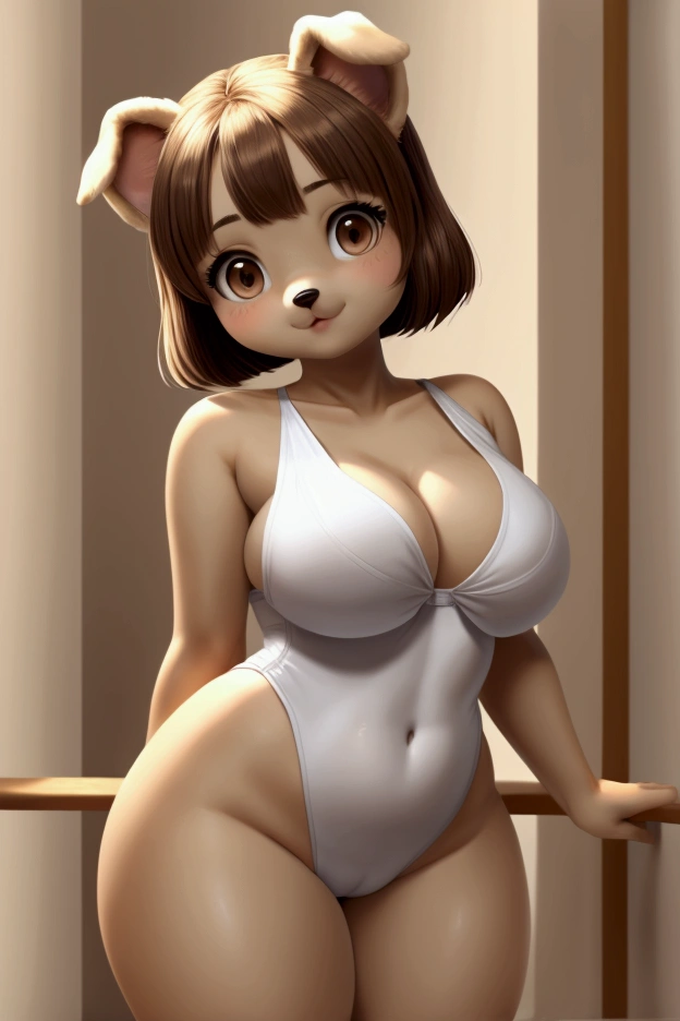 Small, thin female dog with nice big thighs and big breasts, dark cream and light cream colored fur and cute brown eyes and wearing a swimsuit and she is .