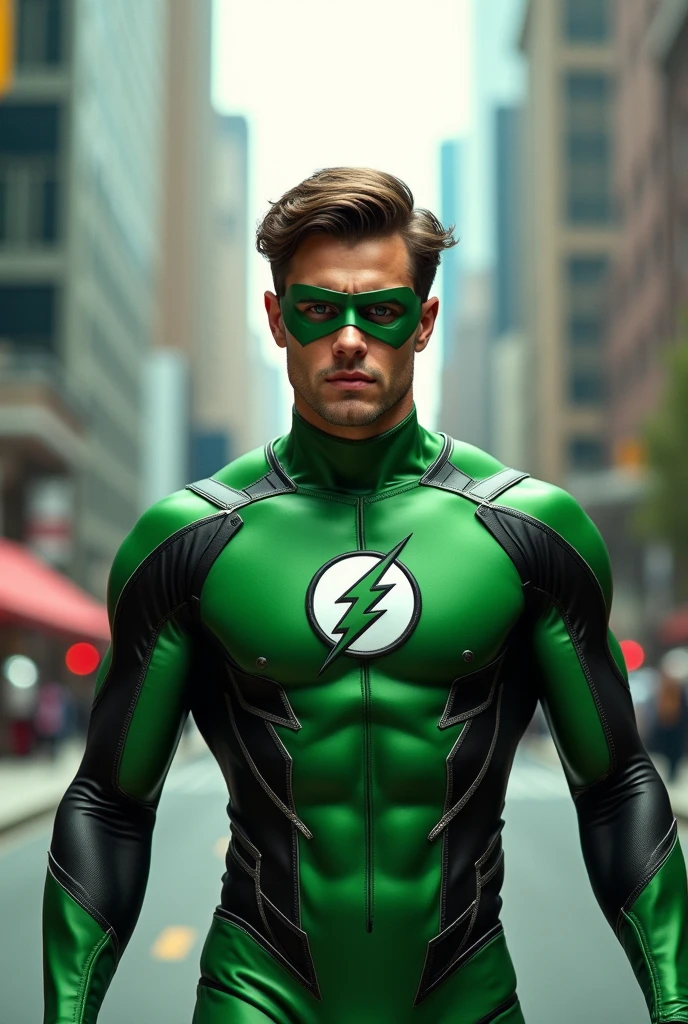 Male speedster hero. Primarily green suit. Secondary color black. Silver accents. Mask letting his hair out. Lightning bolt symbol on chest. Realism