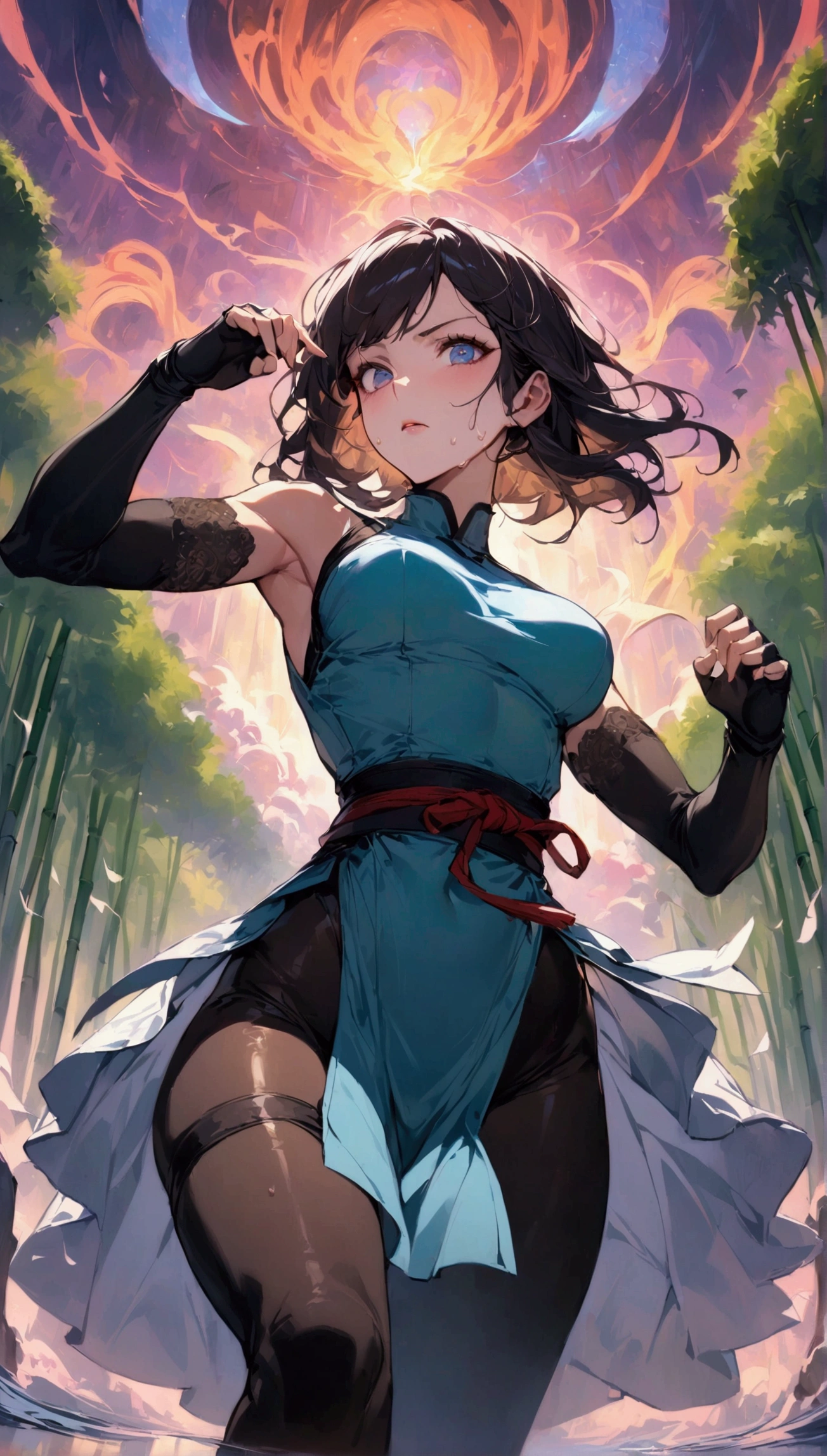 cowboy shot,dutch angle,{{masterpiece}}, {{{best quality}}},{{ultra-detailed}}, {{illustration}}(Beautiful and fine eyes)、female martial artist, Elegant Fighting Pose,black shorts ,fingerless gloves,pelvic curtain,Black pantyhosens,martial arts belt,short boots,Lace-patterned arm cover,sweating ,in the middle of a bamboo grove