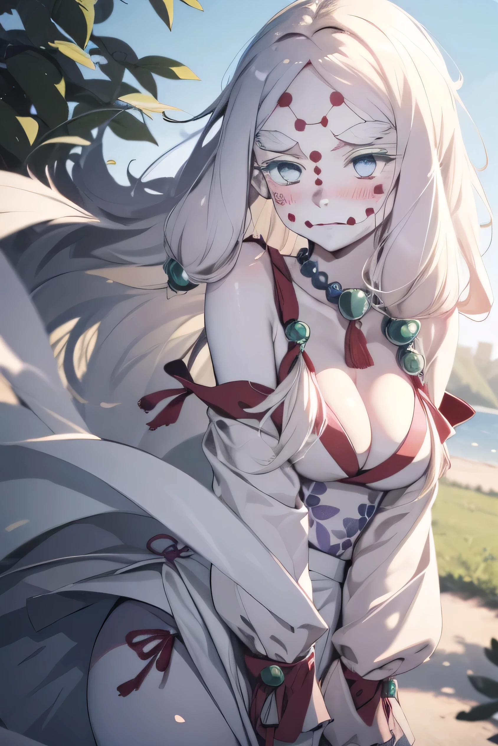 masterpiece, on the road, Warm color palette, Light of the sun, Light art, (Attention to detail:1.1), shortage々New face, White Hair, Off-the-shoulder outfit, Large Breasts, whole body, Natural Skin, high quality, Browsing Caution, Beautiful Eyes, (Detailed face and eyes), (face: 1 2), noise, extra, Actual photo, ......PSD, Lamp Film Photo, Sharp focus, Contrasting lighting, Delicate skin, High resolution 8k, Extremely detailed, Realistically, Professional photography, 8k Ultra HD, Single-lens reflex camera, Soft Lighting, high high quality, Film Grain, Fujifilm XT3, Hair blowing in the wind,Somewhat strong wind,(Front facing)(((Blushing、Embarrassed expression)),(((The skirt flips up in the wind))), White string panties:1.9