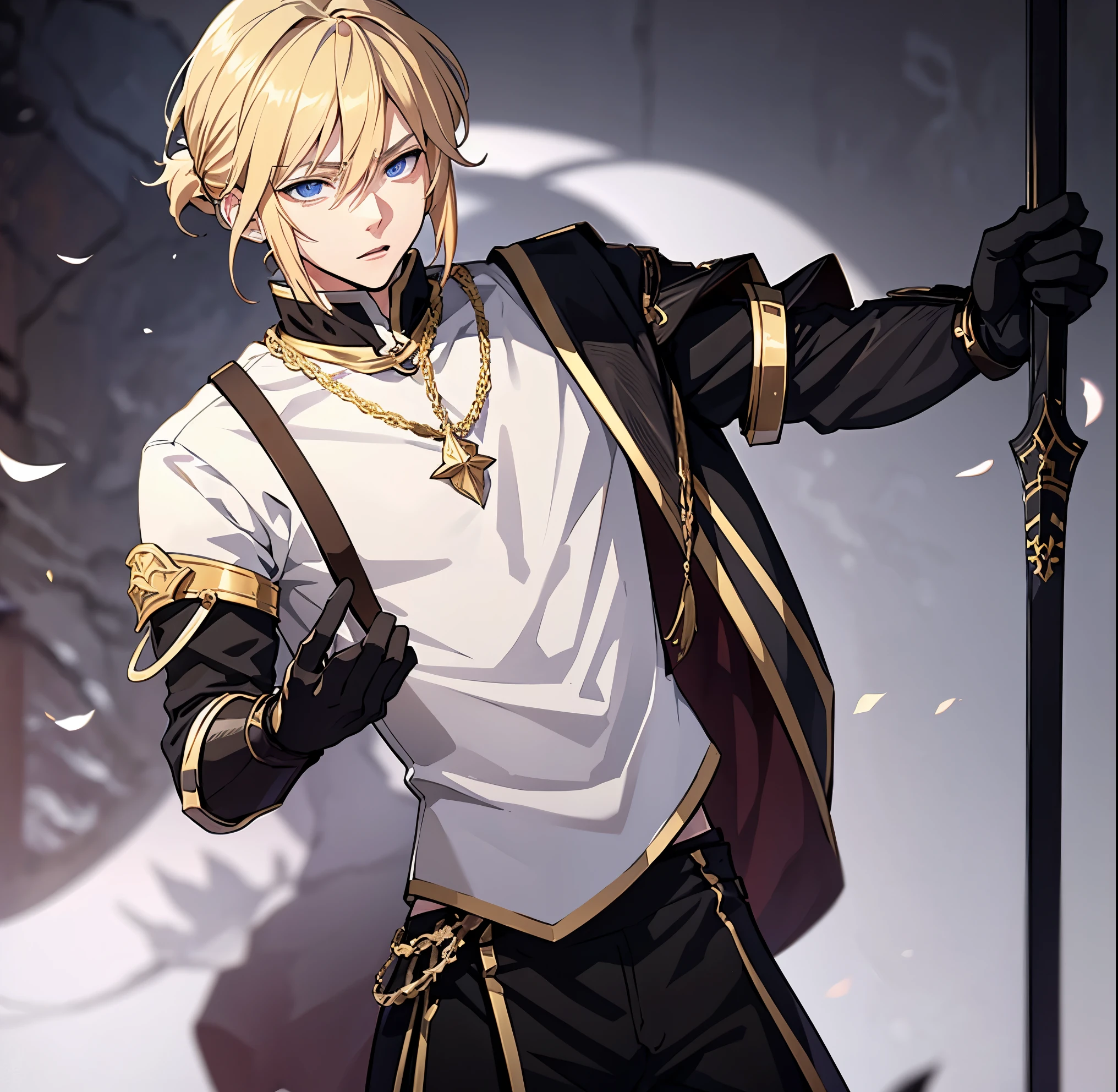 Anime attractive man, 20 year old, blonde hair, very very short ponytail, tall, muscular, white relatively tight mage tunic, black gloves, thin gold lining, solo, one person, knight, gold arm bracers