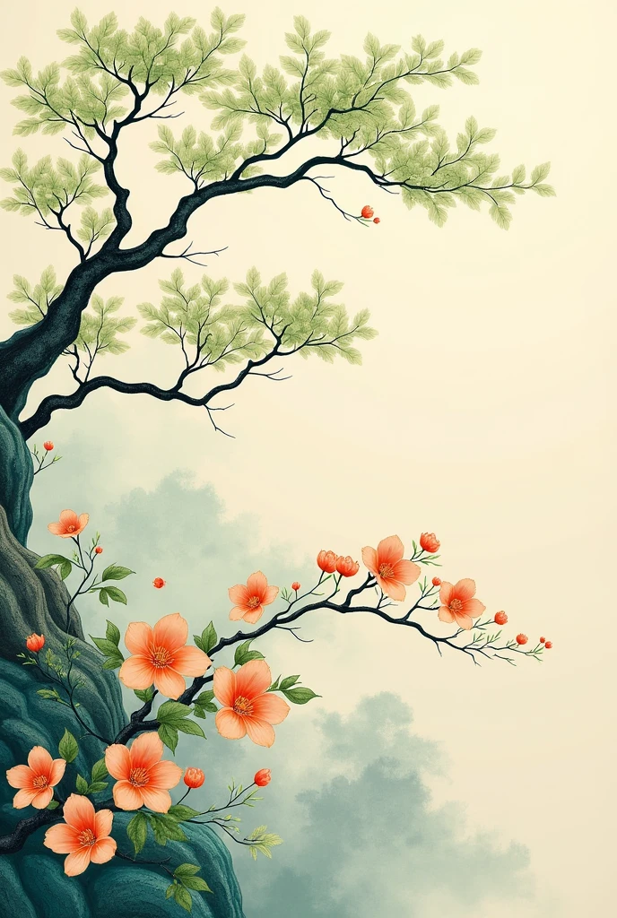 Create an image of an oriental design for a shirt, which has trees with thin branches, green leaves and orange flowers 