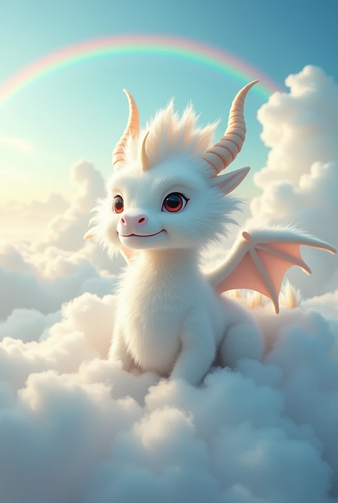 masterpiece, Highest quality,Japan Dragon God、white dragon、Smiling gently, but with a dignified air々A funny expression、With fluffy fur。An image of ascending to the heavens。The background is a sea of clouds with a rainbow arching over it.。No wings