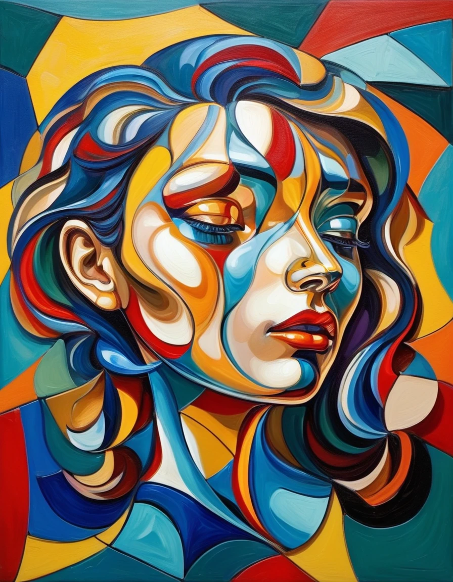 best quality,ultra-detailed,realistic,(cubism:1.2),portrait,colorful,abstract,geometric shapes,cubist style,sharp edges,vibrant colors,playful composition,bold brushstrokes,perspective distortion,intricate patterns,facial features,facial structure,expressive eyes,angular nose,elongated lips,distorted proportions,unique representation,striking abstraction,cubist interpretation,modern art,contrast of shapes and colors,intersecting planes,fragmented forms,collage elements,captivating composition,creative interpretation,dynamic composition,provocative style,fragmented reality,artistic exploration,depth and dimension,abstracted background,mosaic-like effect,expressive brushwork,unified color palette,exploration of multiple viewpoints,innovative artistic style,complexity and simplicity,interplay of shapes and angles,experimental rendering