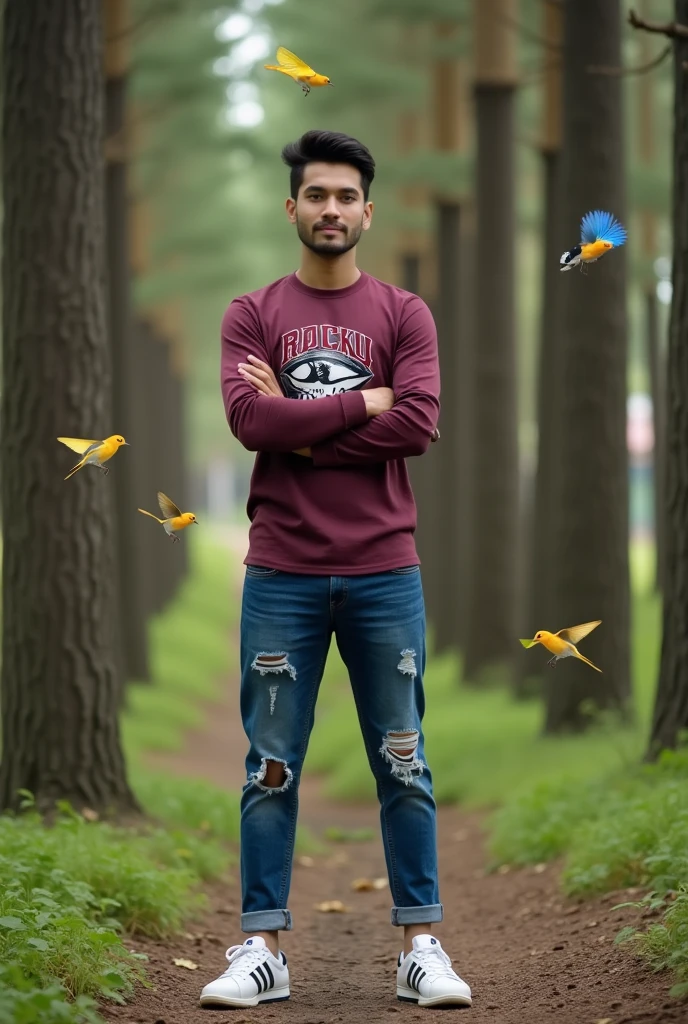 please make a picture of a 28-year-old Asian man.standing with his arms crossed against an outdoor background against the background of a pine forest.there are small colorful birds flying,The individual is wearing a maroon long-sleeved shirt with a graphic design, wearing an iPhone smartwatch in his left hand, wearing blue ripped jeans, and wearing white sneakers with black stripes.