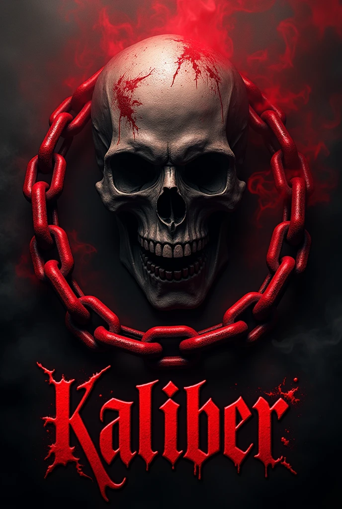 Blood chain going around a head and the word kaliber below it and smoke in the background